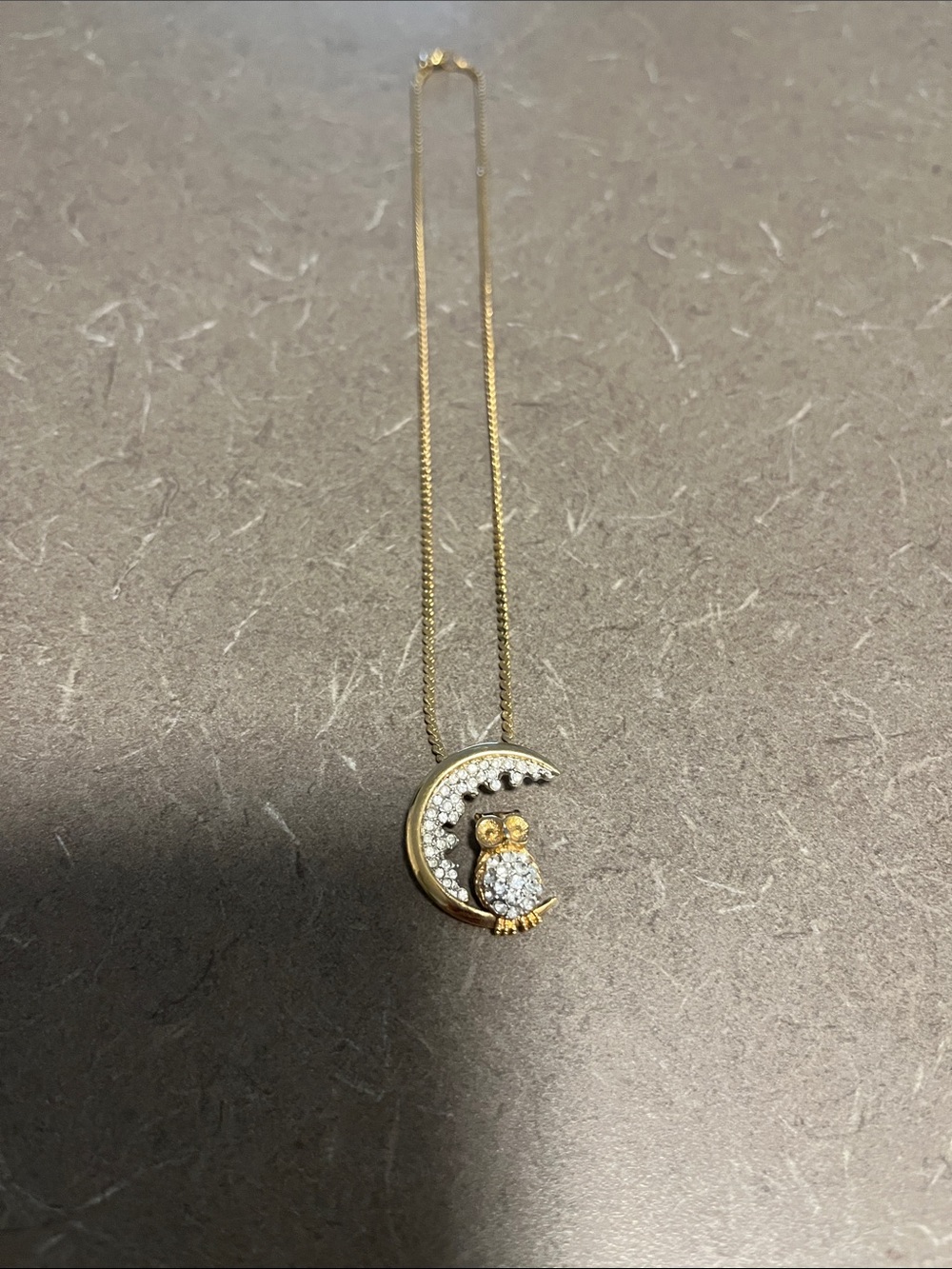 A&S Marked Gold-Tone Owl on Crescent Moon Pendant Necklace 16”chain,1” pendant
